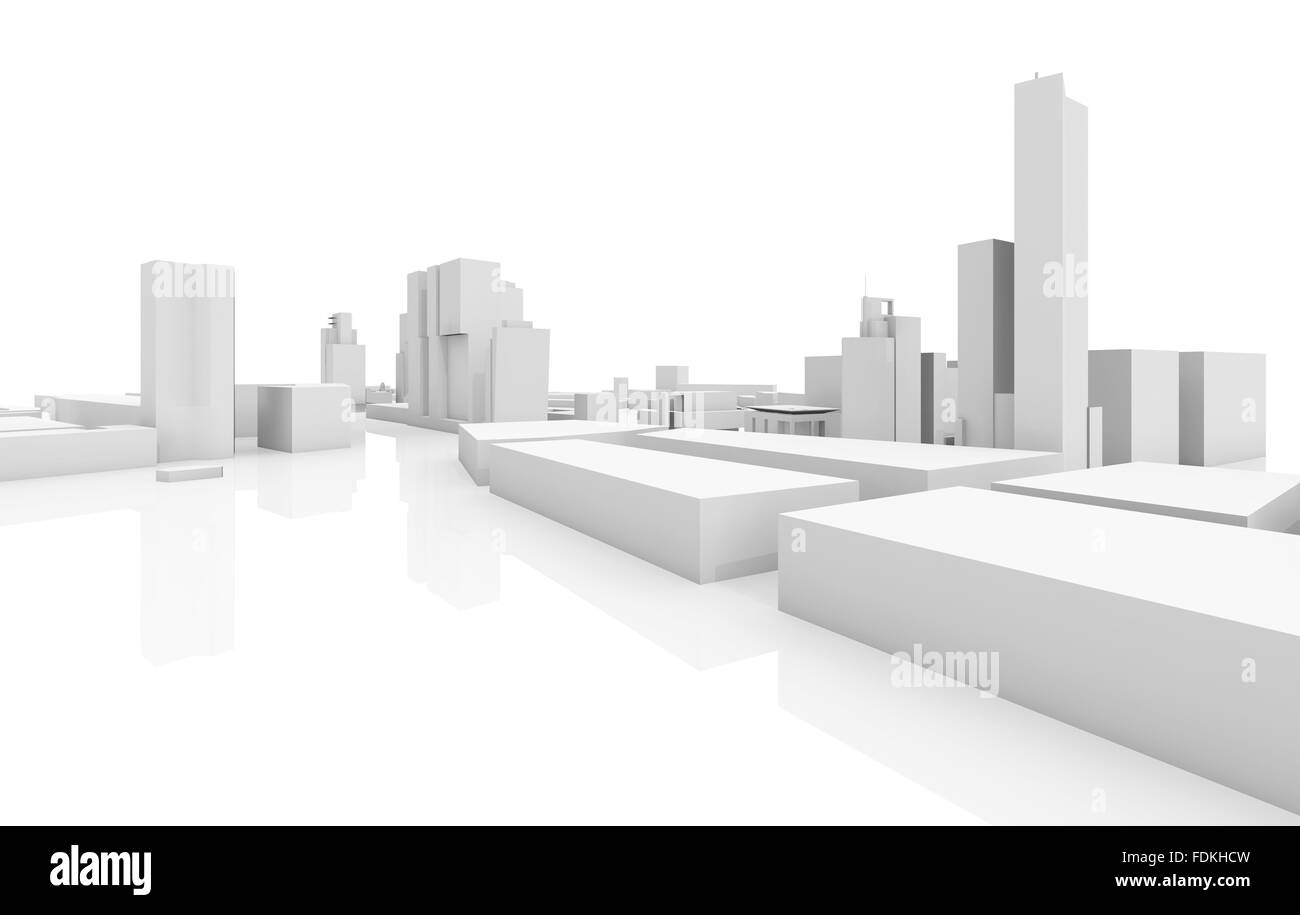 Abstract paesaggio urbano moderno modello 3d isolato su sfondo bianco con soft riflessioni sul terreno Foto Stock