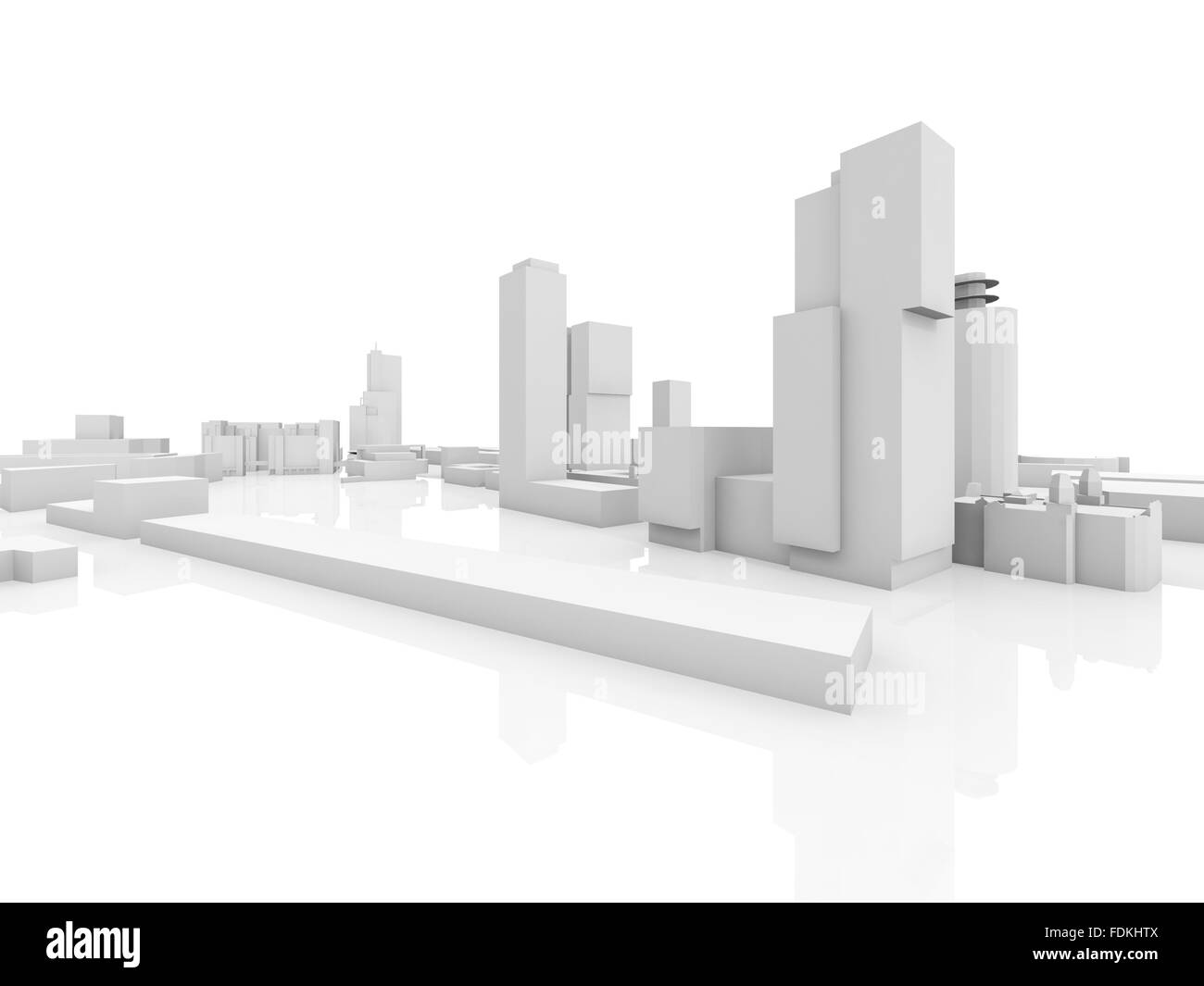 Abstract paesaggio urbano moderno modello 3d isolato su sfondo bianco con riflessioni sul terreno Foto Stock
