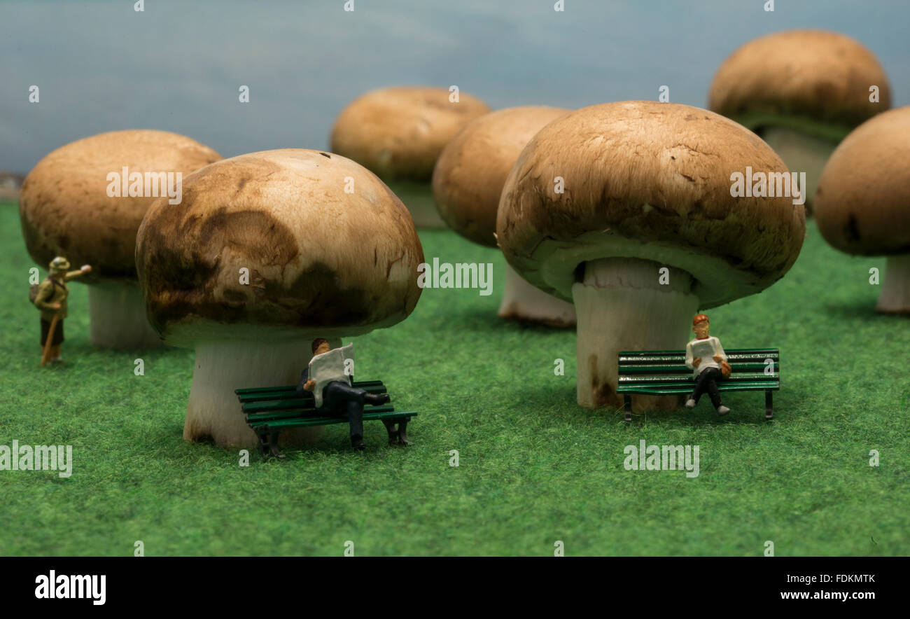 Poca gente marionette sedersi sui funghi nella foresta fatta da funghi Foto Stock