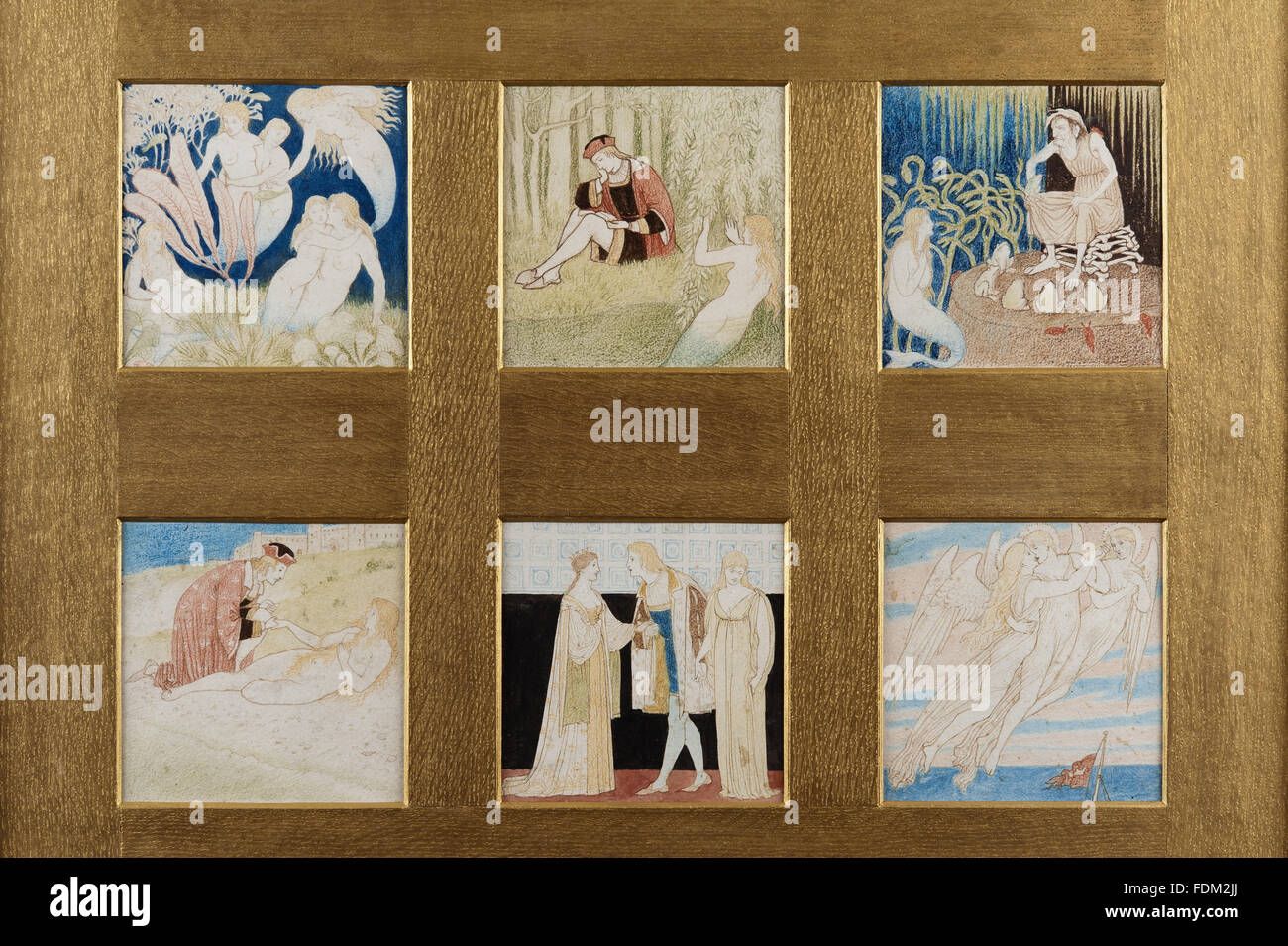 Set di sei progetti di piastrelle in gesso colorato da Henry Holiday (1839-1927) a Standen, West Sussex. I disegni illustrano la storia della Sirenetta. NT numero di inventario 1214815 Foto Stock