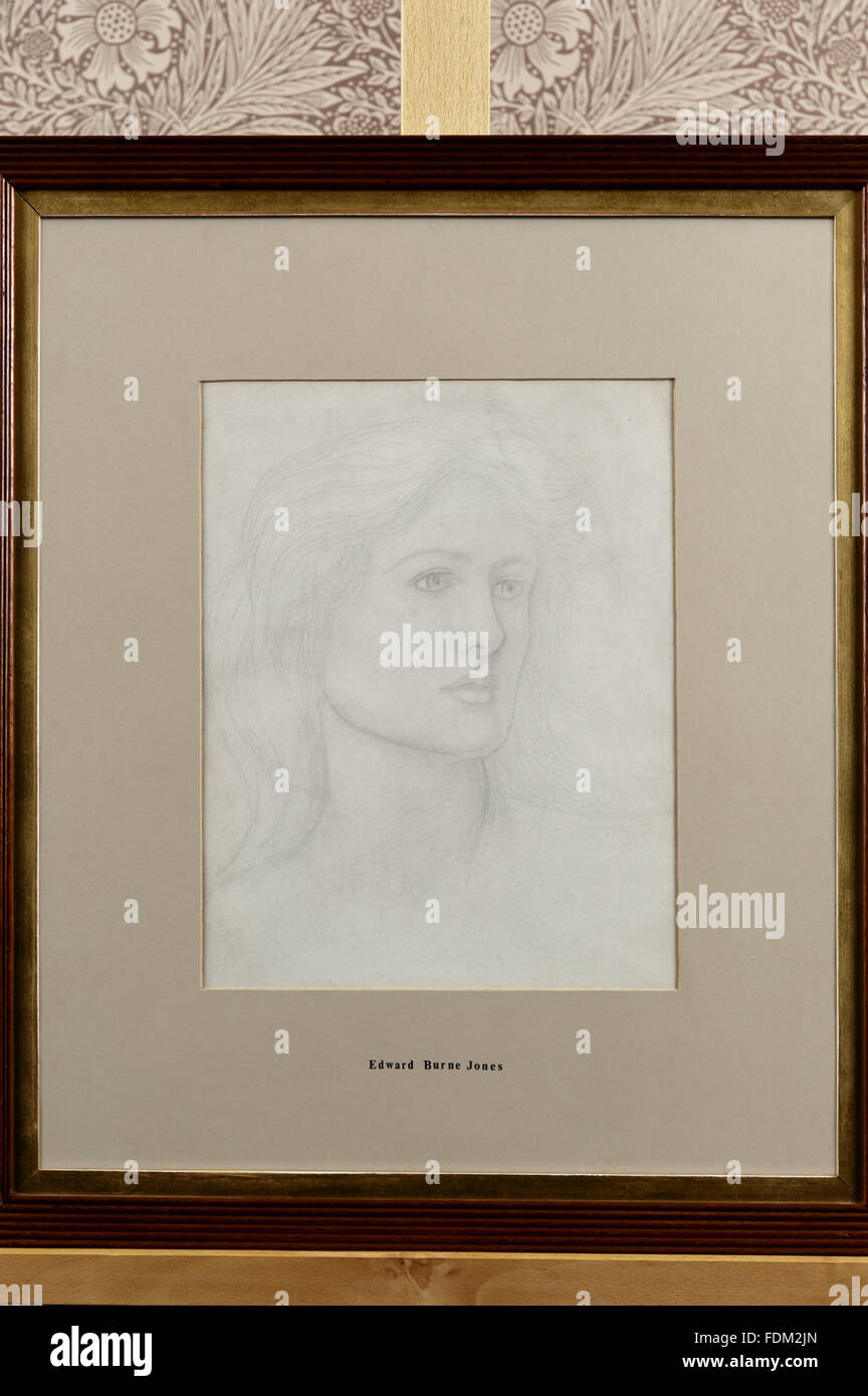 Testa di una ragazza, un disegno da Sir Edward Coley Burne-Jones (1833-1898), nel nord spogliatoio a Standen, West Sussex. STA/P/56, NT numero di inventario:1214806 Foto Stock