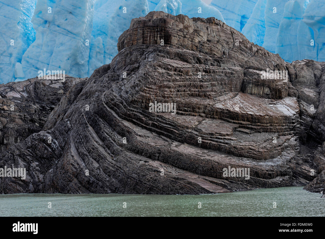 Formazione di roccia, ghiacciaio Grey, Parco Nazionale di Torres del Paine Patagonia cilena, Cile Foto Stock