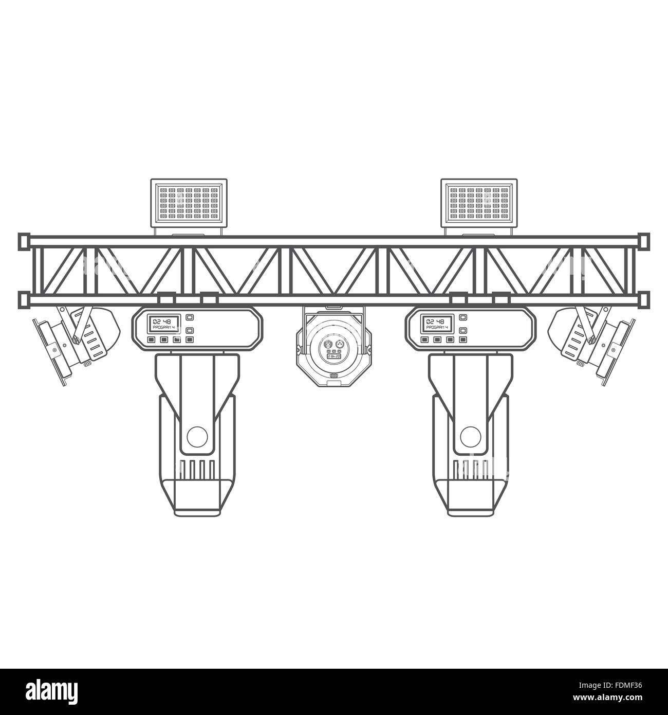 Vettore di contorno monocromatica telaio metallico concerto stadio illuminazione a traliccio a testa mobile par led spotlight UV varia posizione isolata wh Illustrazione Vettoriale