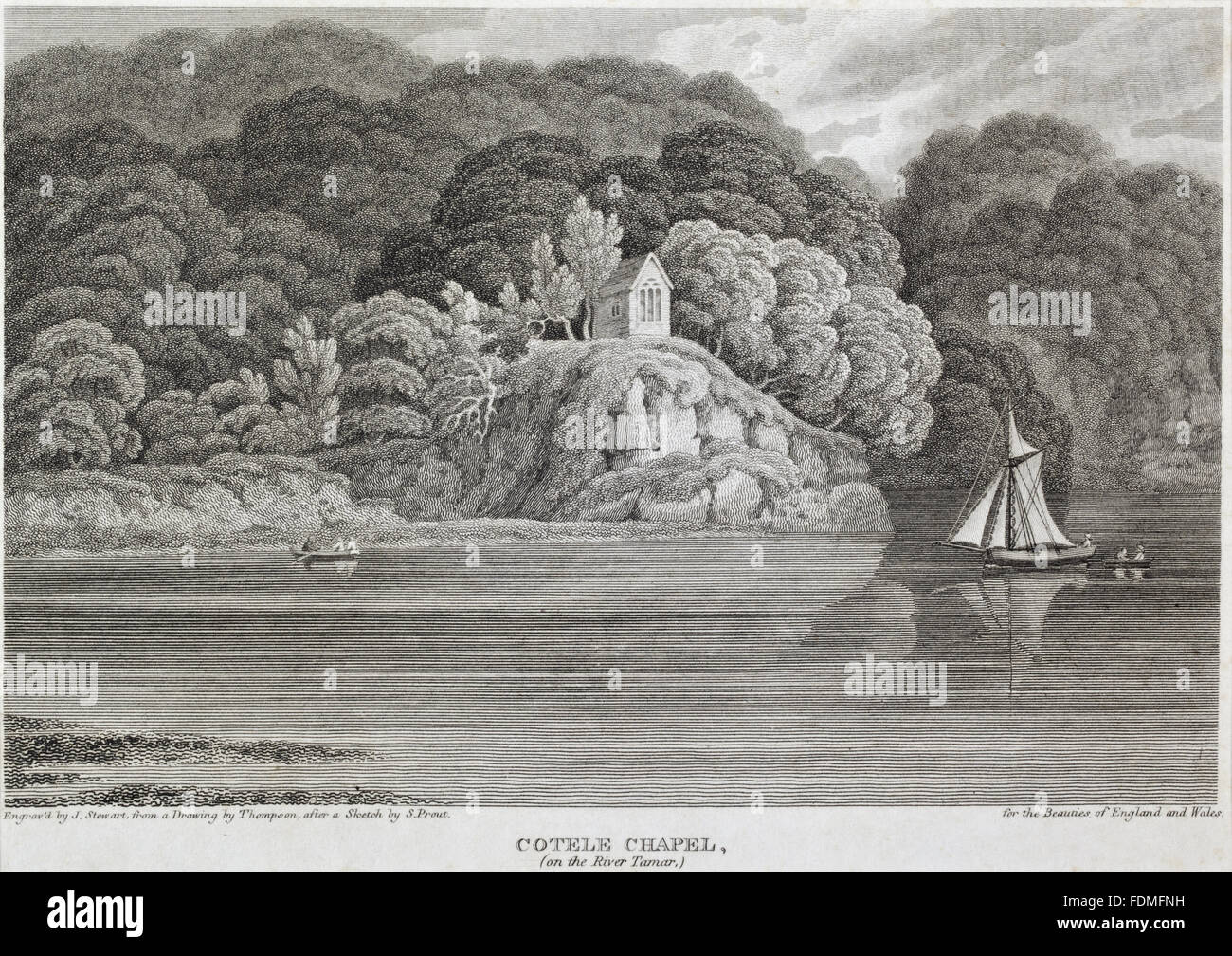Cappella COTELE (SUL FIUME TAMAR), una incisione da J. Stewart da un disegno da Thompson, dopo uno schizzo di S. Prout, a Cotehele, Cornwall, da 'le bellezze di Inghilterra e Galles 1809 Foto Stock