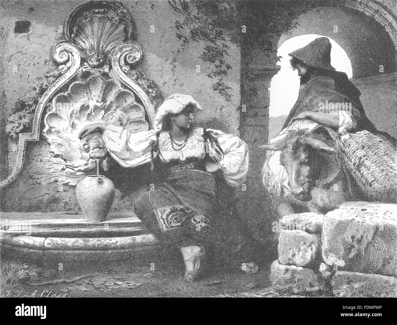 Roma: Fontana in un cortile romano, antica stampa 1877 Foto Stock