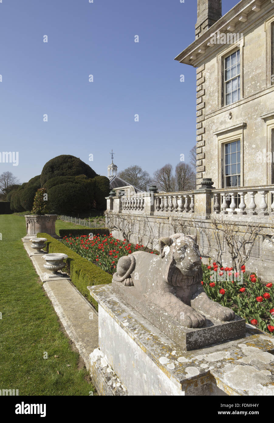 Leone di pietra sul fronte sud a Kingston Lacy, Dorset. Foto Stock
