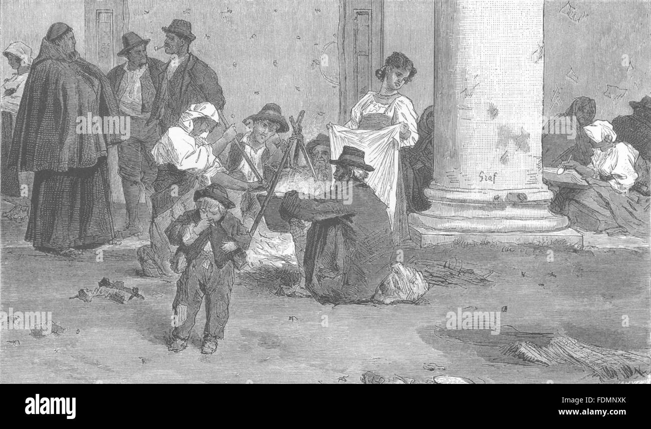 Italia: i contadini di Sora preparare la polenta, antica stampa 1877 Foto Stock