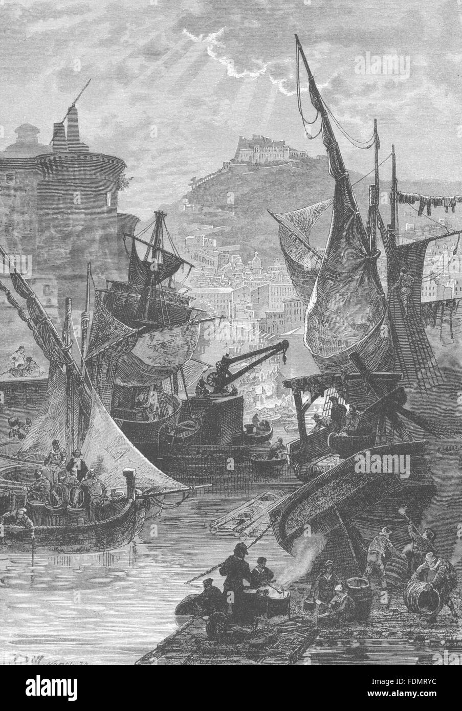 Italia: Porto di Napoli, antica stampa 1877 Foto Stock