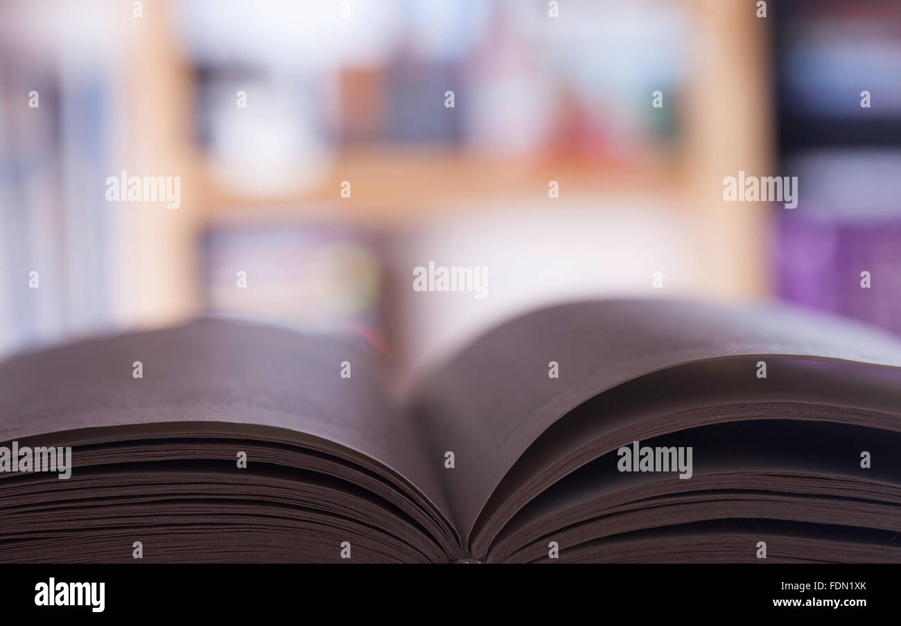 Libro aperto sullo sfondo delle librerie Foto Stock