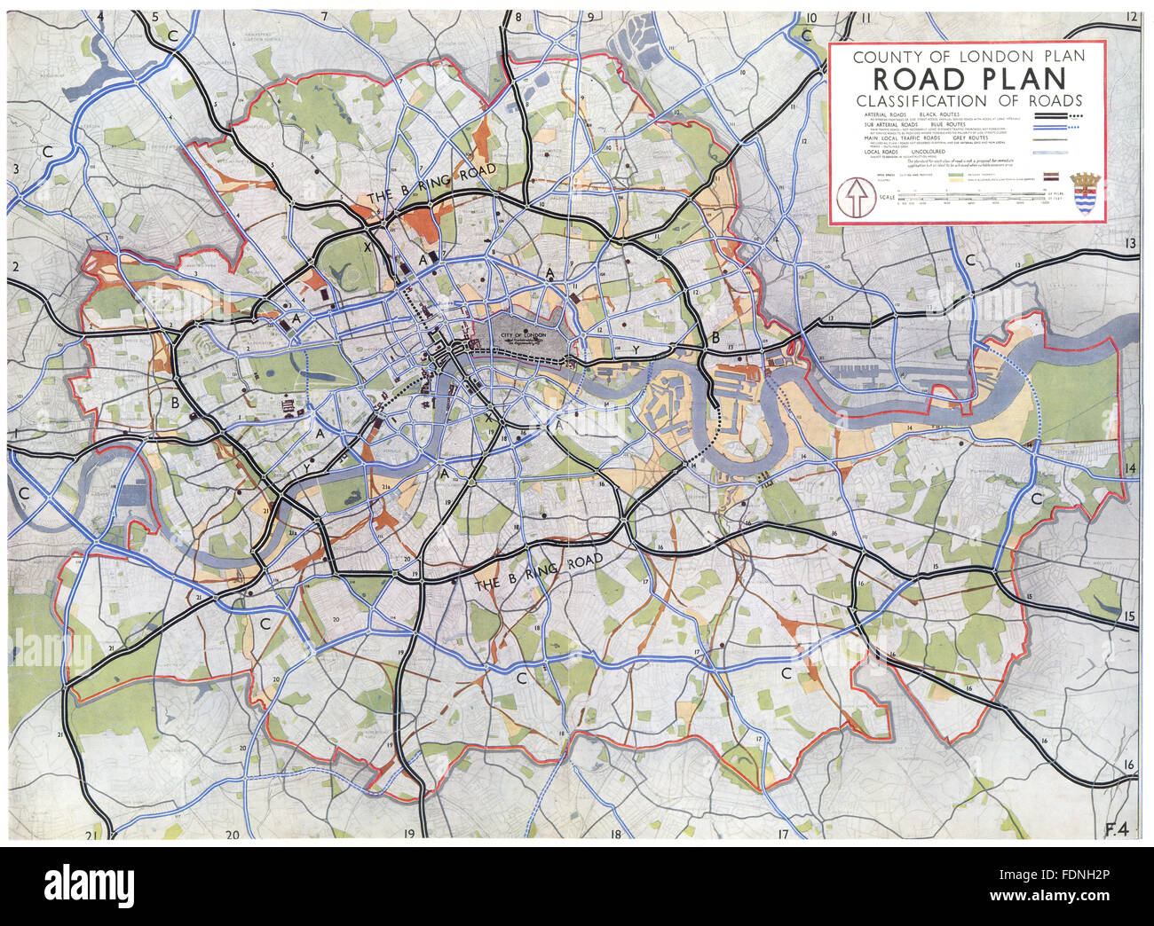 Londra: Pianificato inner ring road sistema. Classificazione delle strade, 1943 mappa vecchia Foto Stock