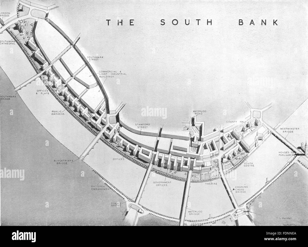 Londra: South Bank: piano suggerito dal Co Hall a Southwark Cathedral, 1943 Foto Stock