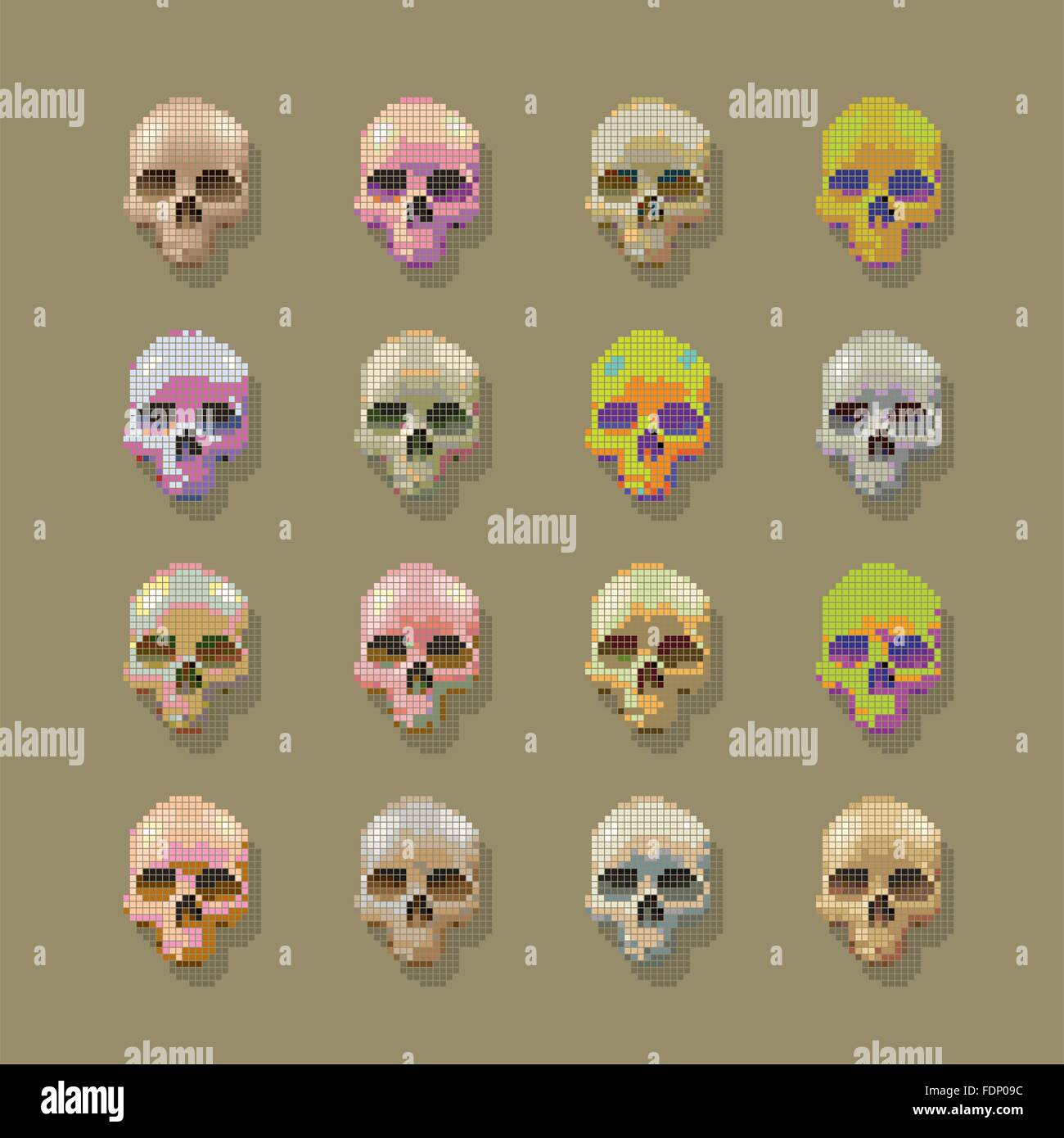 Teschi pixel multicolore. Illustrazione Vettoriale