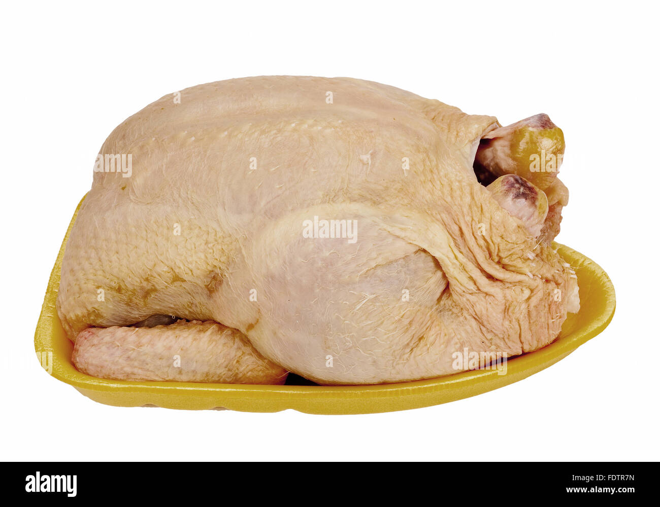 La produzione di massa a buon mercato supermercato pollo, isolato su bianco. Foto Stock