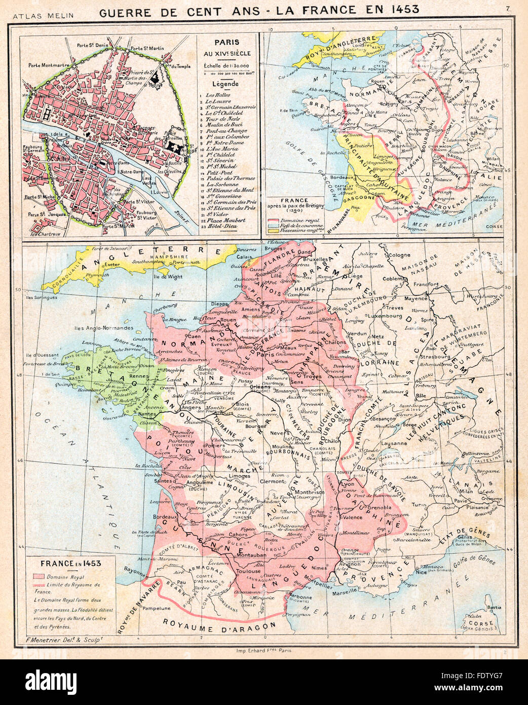 Francia: 100 anni fa la guerra;Guerre de cent ans 1360 & 1453; Inset Paris 14C, 1900 Mappa Foto Stock