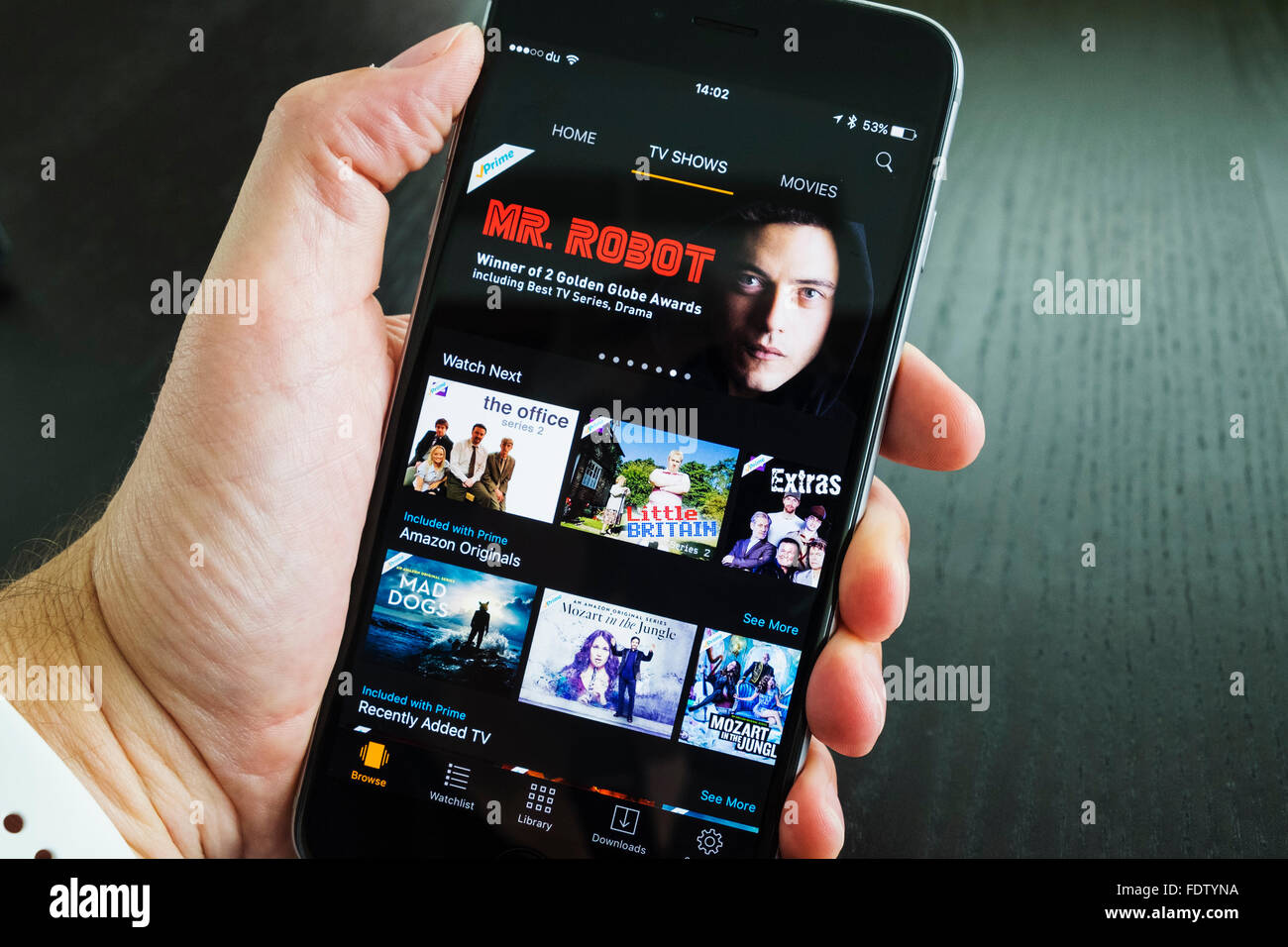 Homepage di Amazon il primo servizio di streaming video su un iPhone 6 plus smart phone Foto Stock Homepage di Amazon il primo servizio di streaming video su un iPhone 6 plus smart phone Foto Stock