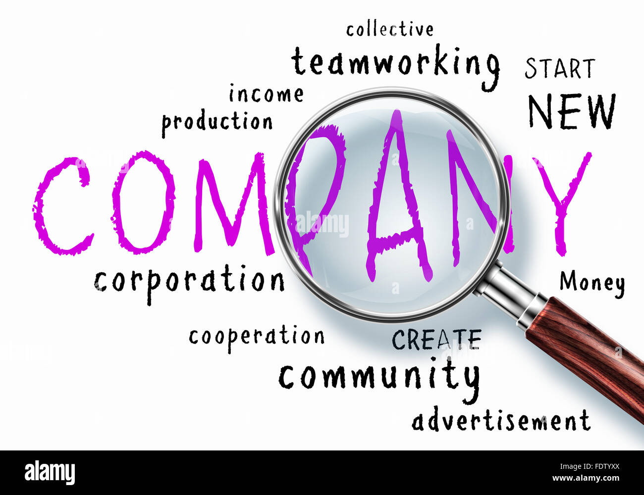 Business parole collage sotto una lente di ingrandimento Foto Stock