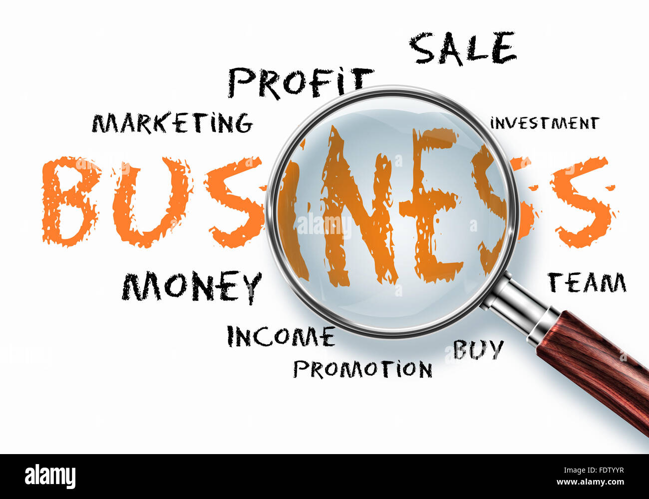 Business parole collage sotto una lente di ingrandimento Foto Stock