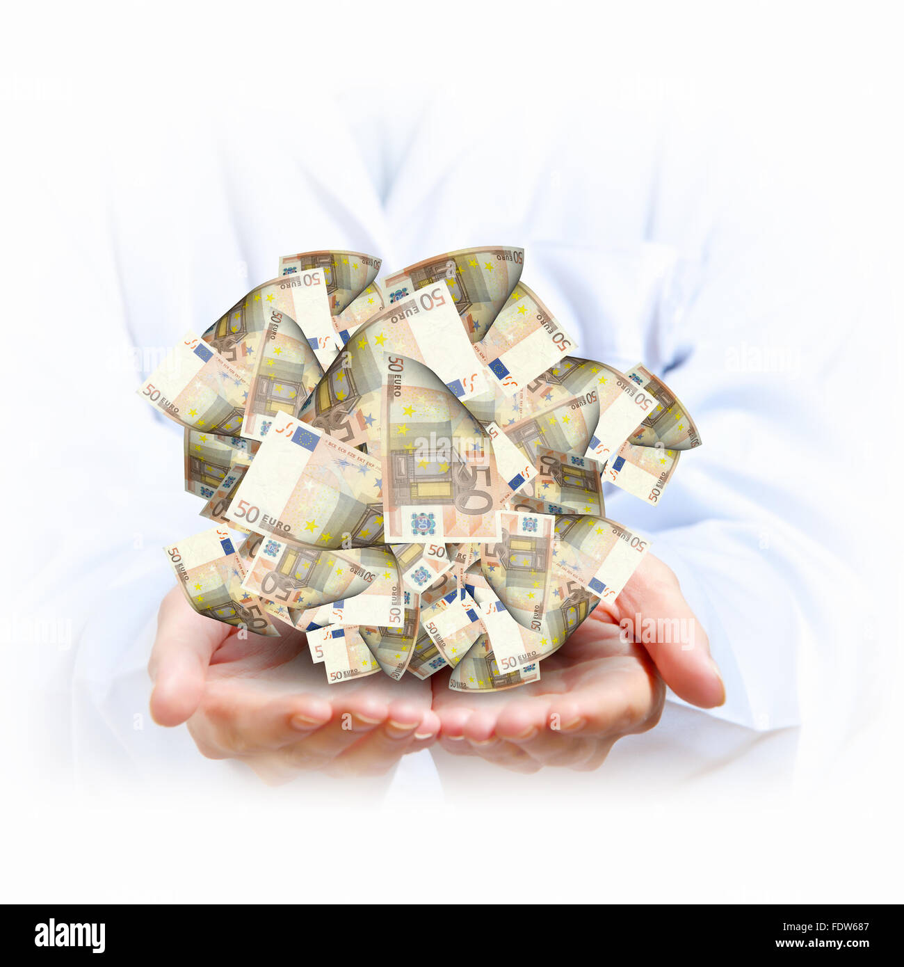 Concetto di denaro illustrazione con mani di uomo e di simboli finanziari Foto Stock