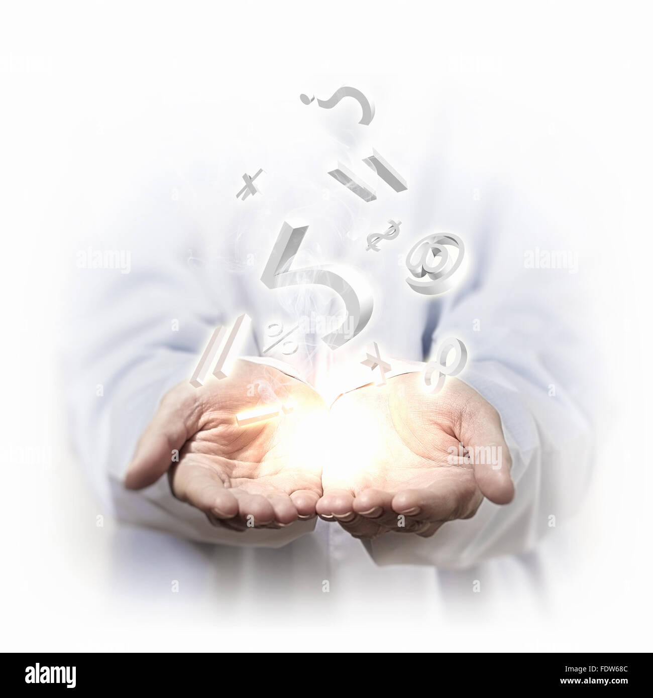 Concetto di denaro illustrazione con mani di uomo e di simboli finanziari Foto Stock