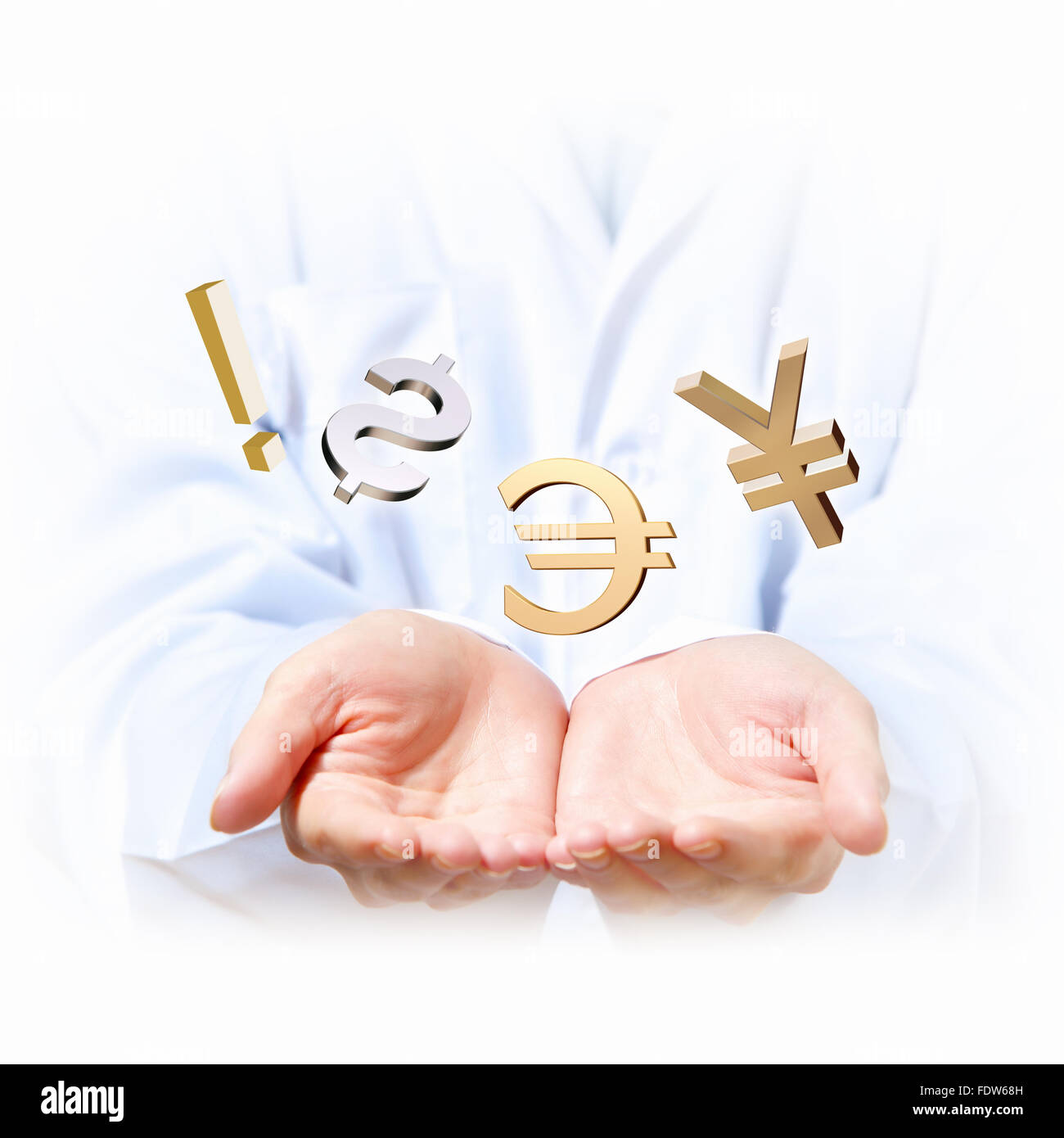 Concetto di denaro illustrazione con mani di uomo e di simboli finanziari Foto Stock