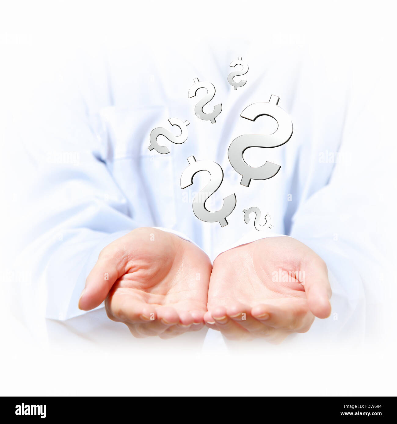 Concetto di denaro illustrazione con mani di uomo e di simboli finanziari Foto Stock