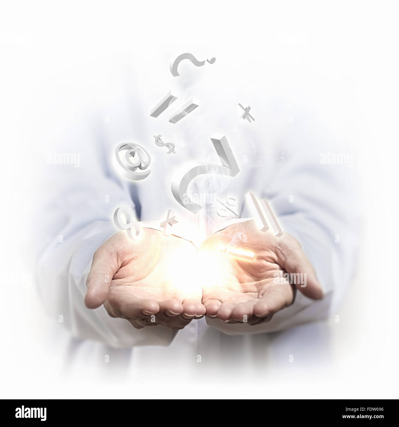 Concetto di denaro illustrazione con mani di uomo e di simboli finanziari Foto Stock