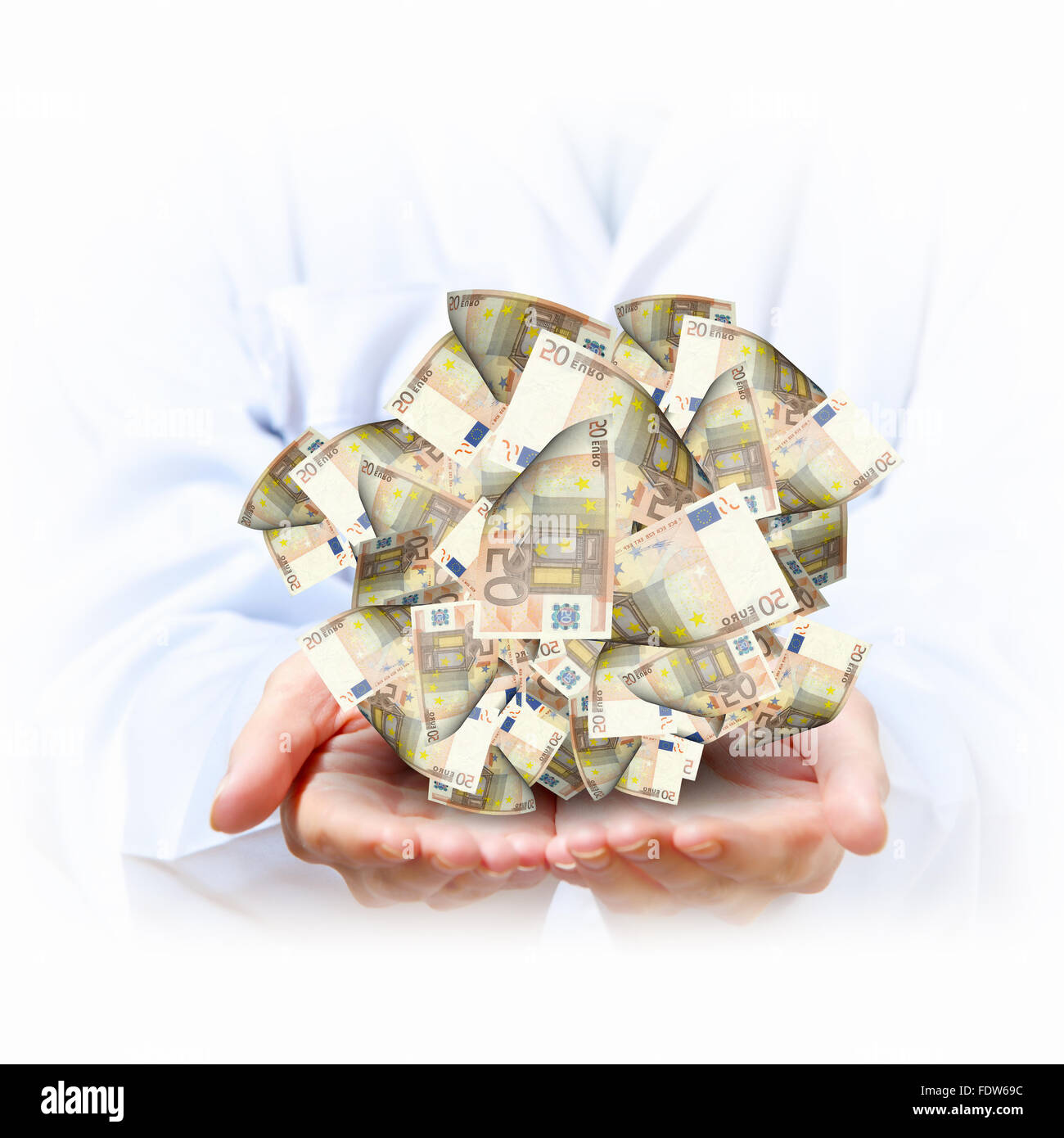 Concetto di denaro illustrazione con mani di uomo e di simboli finanziari Foto Stock