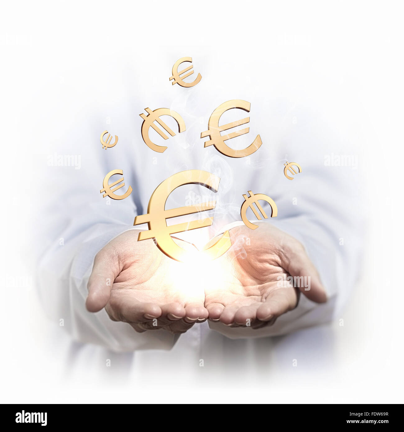 Concetto di denaro illustrazione con mani di uomo e di simboli finanziari Foto Stock