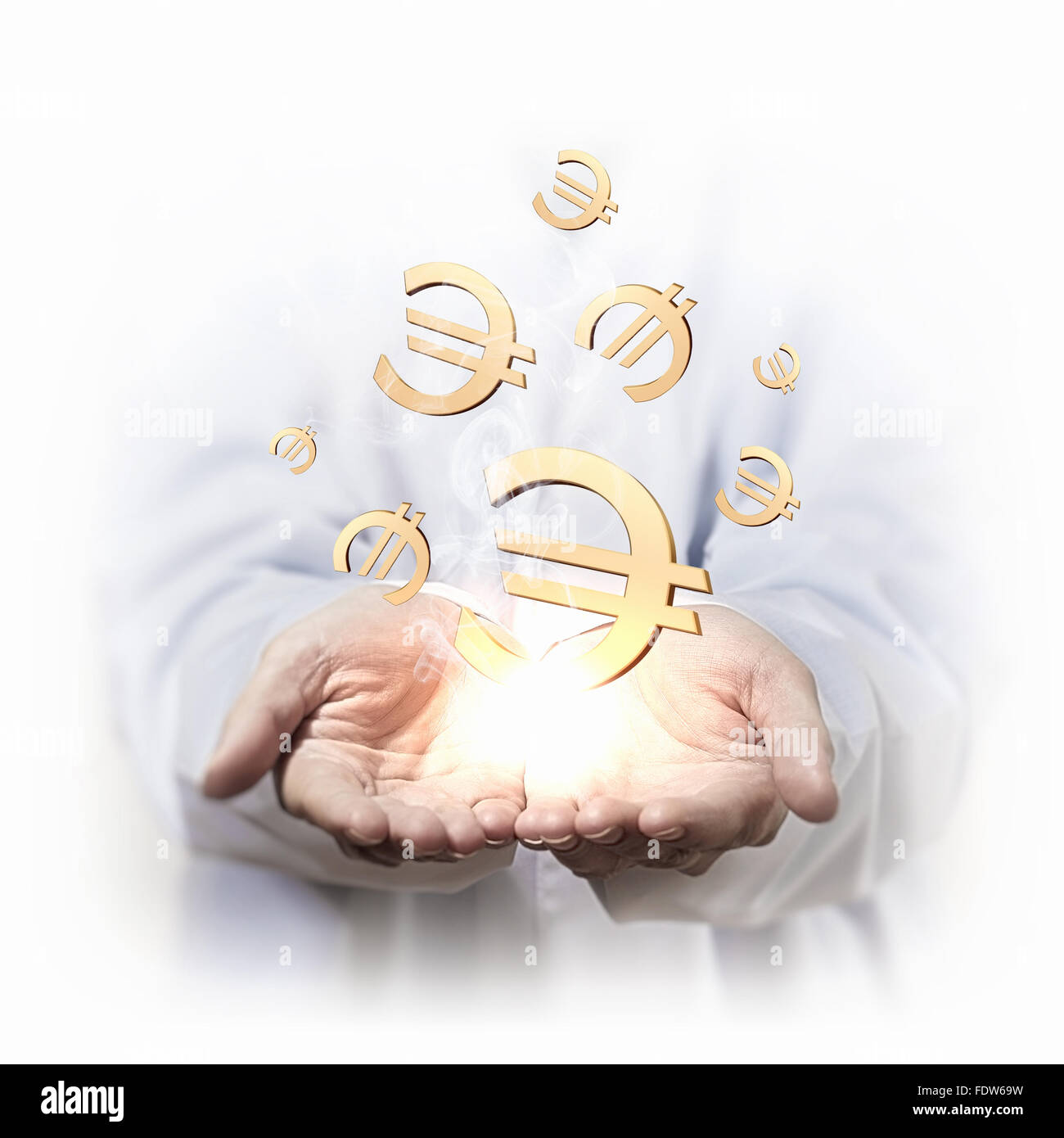 Concetto di denaro illustrazione con mani di uomo e di simboli finanziari Foto Stock