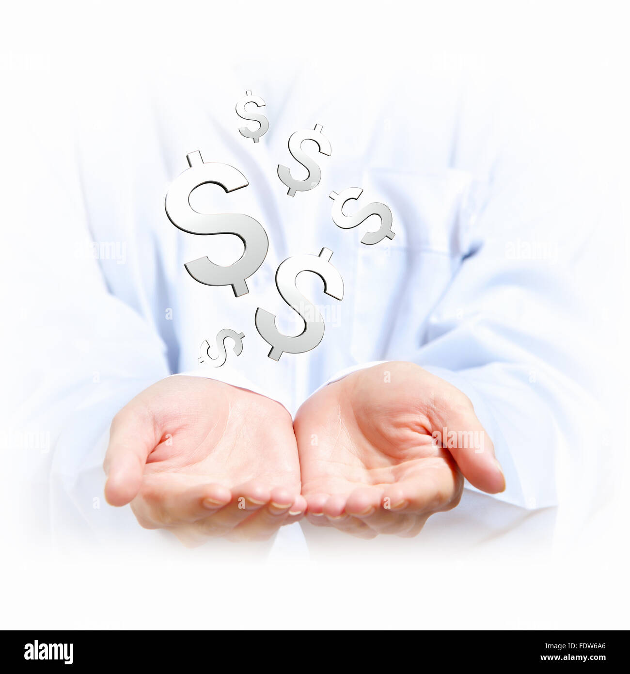 Concetto di denaro illustrazione con mani di uomo e di simboli finanziari Foto Stock