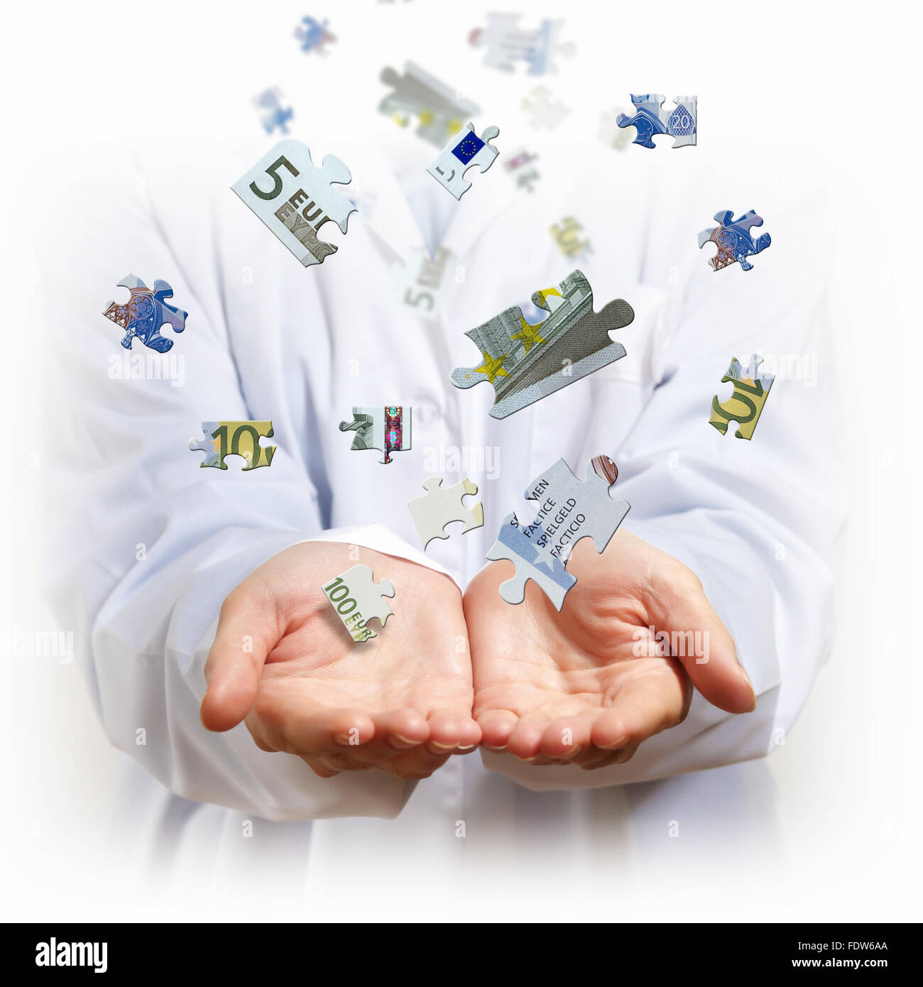 Concetto di denaro illustrazione con mani di uomo e di simboli finanziari Foto Stock