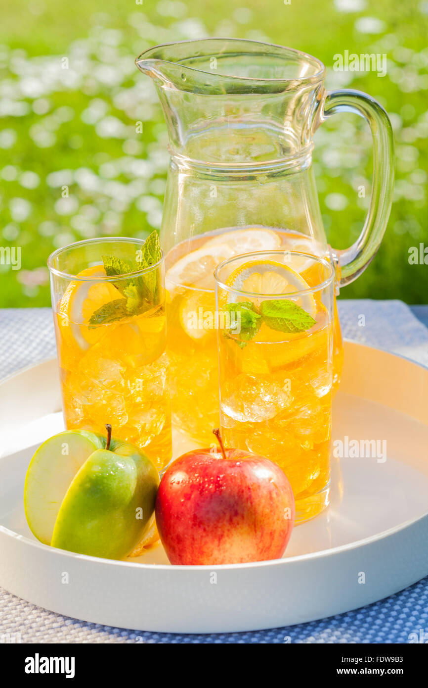 Ghiaccio freddo drink estivo apple spritzer succo in giardino Foto Stock
