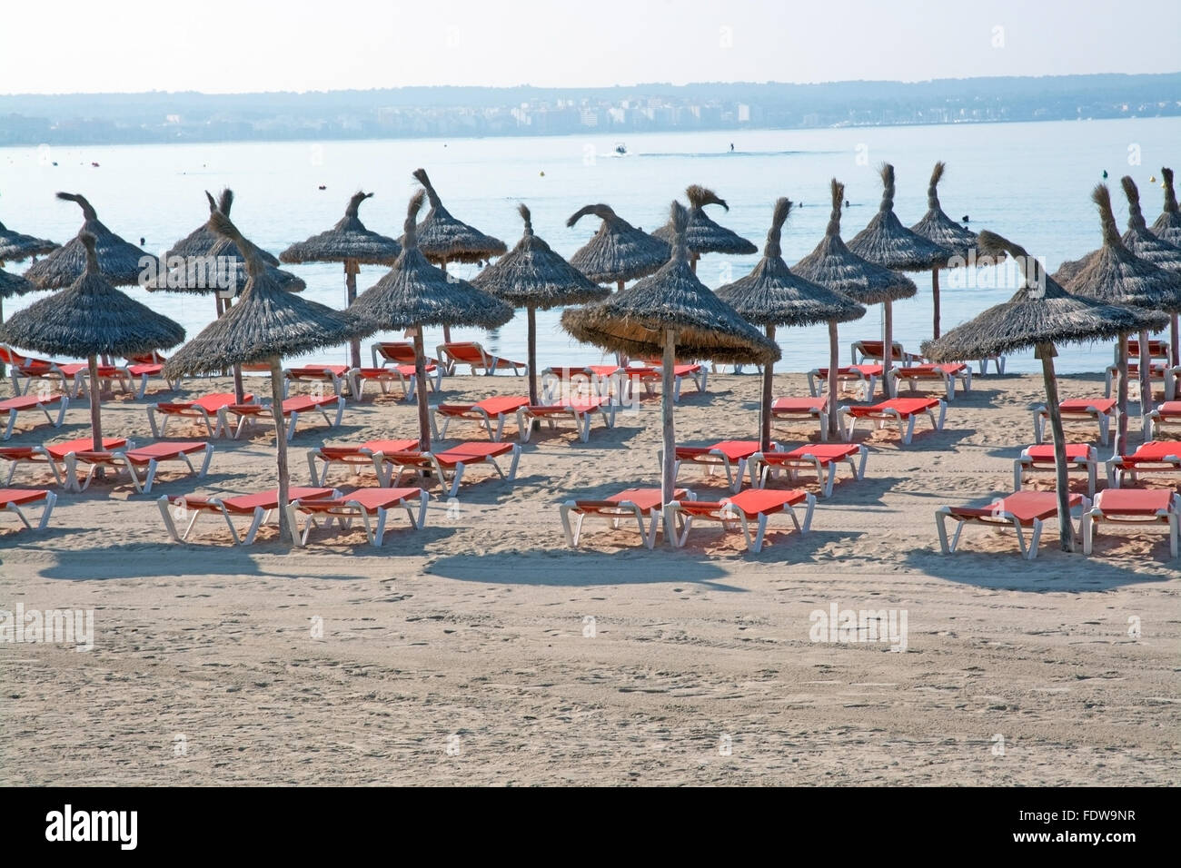 Ombrelloni e lettini da sole sulla sabbia Maiorca spiaggia su una soleggiata mattina d'estate in Luglio Foto Stock