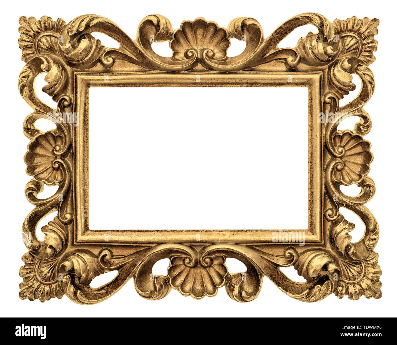 Cornice per foto, foto, immagine. Vintage golden stile barocco oggetto isolato su sfondo bianco Foto Stock
