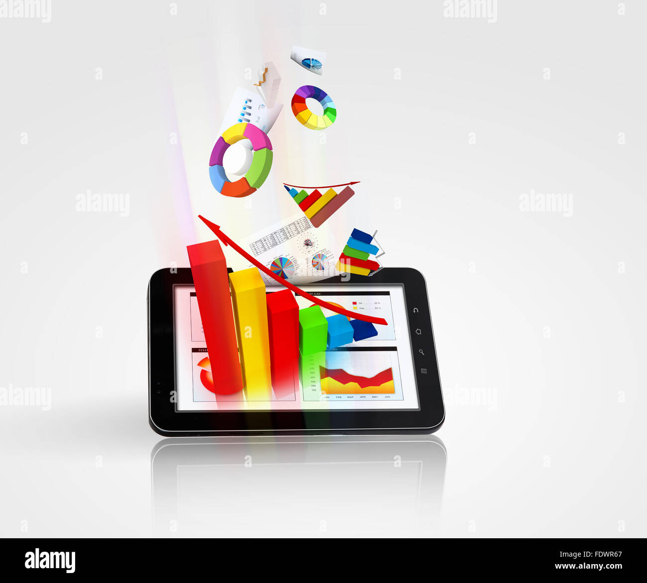 La pastiglia e la grafica tridimensionale su sfondo grigio . ILLUSTRAZIONE Foto Stock