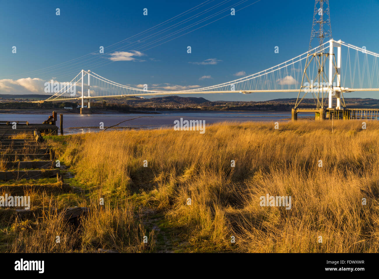 Il vecchio molo in legno che era per il Aust traghetto che attraversava il fiume Severn a Beachley. Regno Unito. Foto Stock