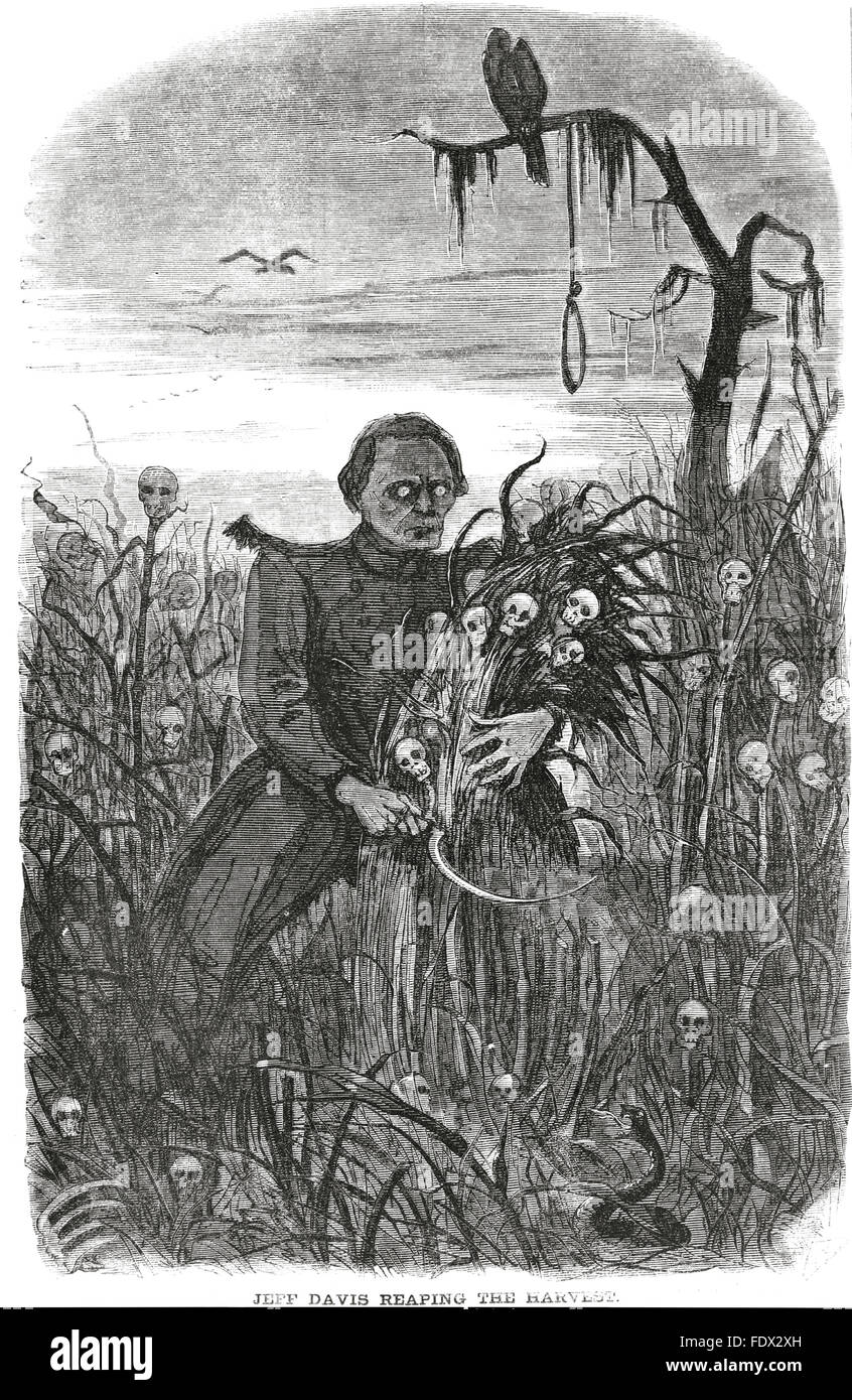 JEFFERSON DAVIS (1808-1889) presidente della American Stati confederati mostrato mietendo un raccolto di morte in Harper settimanale del 26 ottobre 1861 Foto Stock