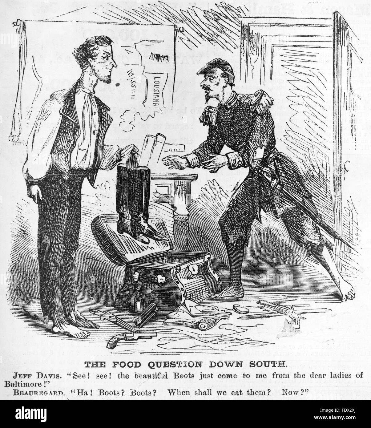 JEFFERSON DAVIS (1808-1889) presidente della American Stati confederati satirised come offerta di solo avvio generale Beauregard chi ha bisogno di cibo per le sue truppe. Da Harper settimanale del 9 maggio 1863 Foto Stock
