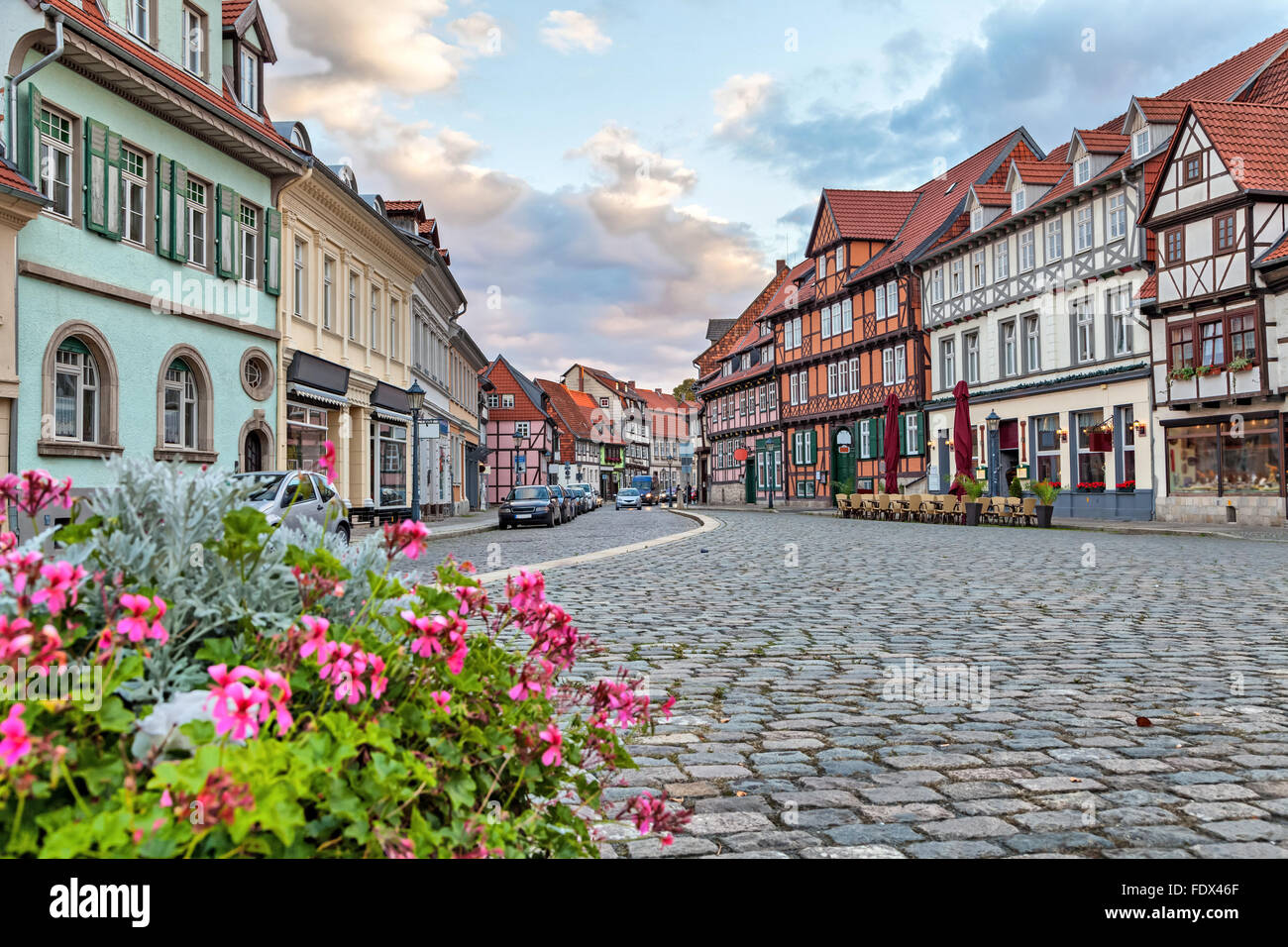 Tradizionale in legno e muratura case tedesche a Quedlinburg, Germania Foto Stock