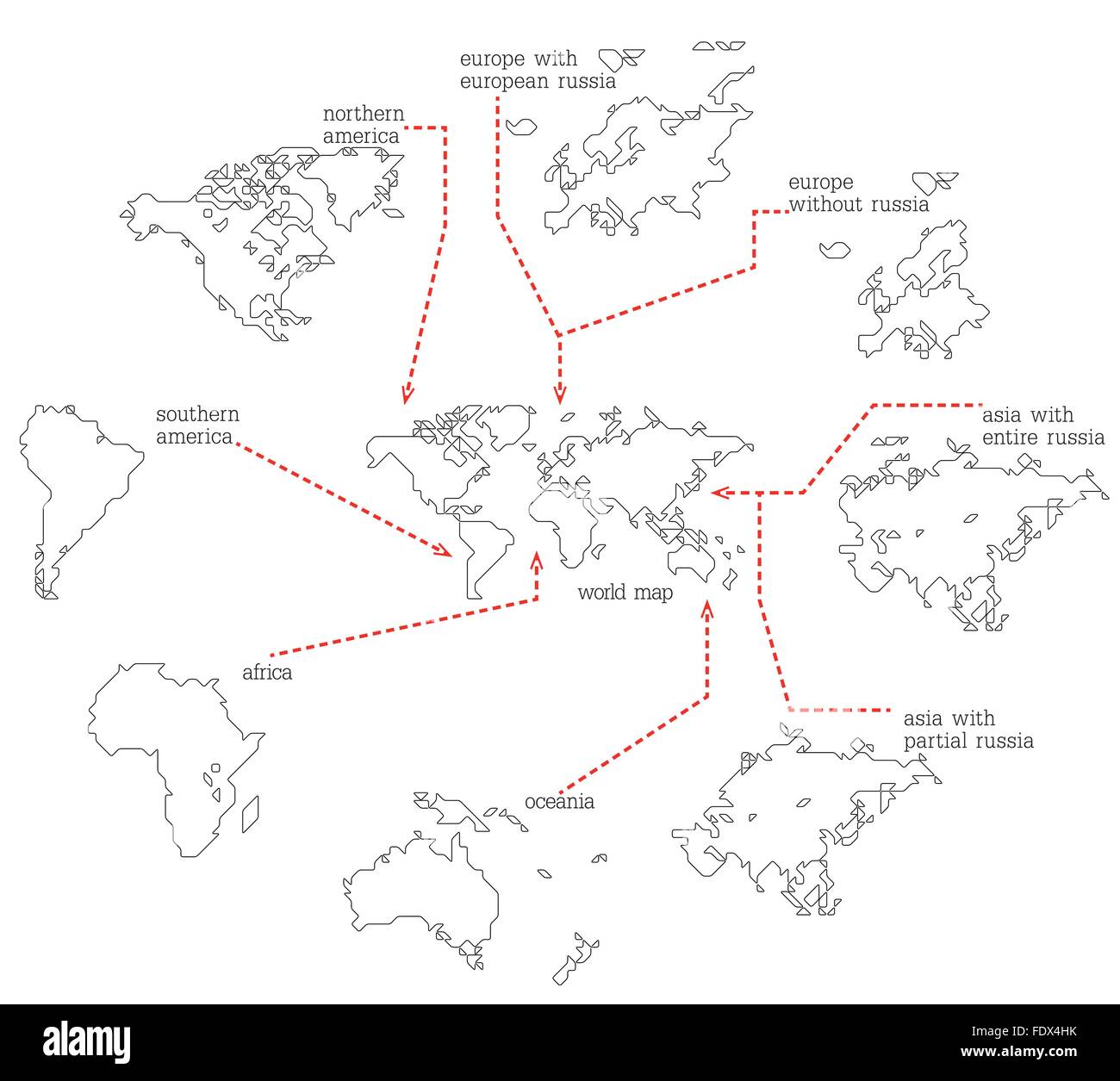 Set di mappe disegnate con linea sottile su una griglia invisibile di quadrati arrotondati e triangoli Illustrazione Vettoriale