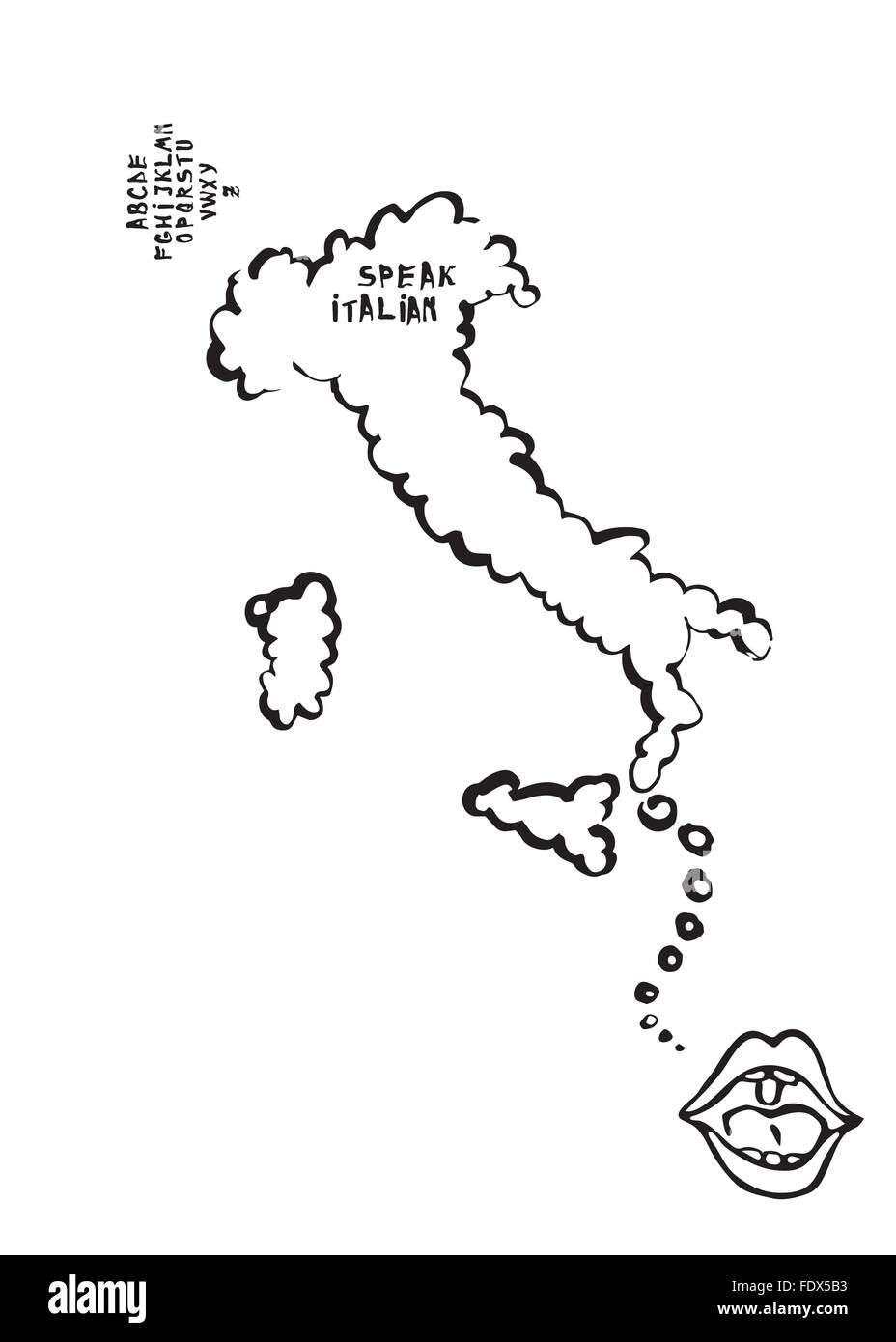 Lingua mappa di apprendimento con la bocca parlando cartoon, la mappa è un discorso bolla. L'Italia. Illustrazione Vettoriale