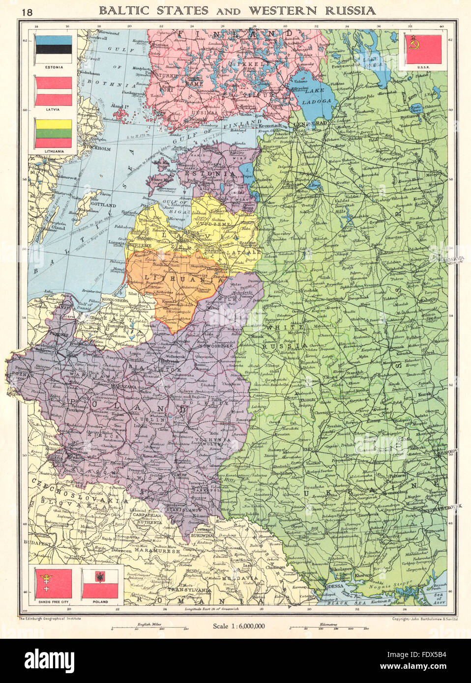 Europa: Stati Baltici Russia occidentale. Lettonia Lituania Polonia Estonia, 1938 Mappa Foto Stock