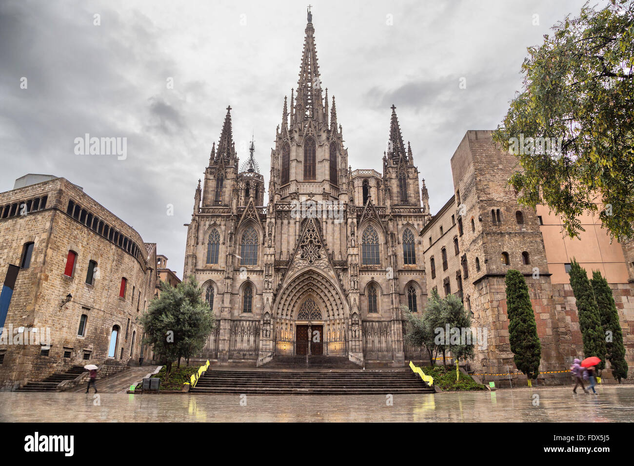 La cattedrale di Barcellona, si trova nel quartiere Gotico nella piovosa mattinata Foto Stock