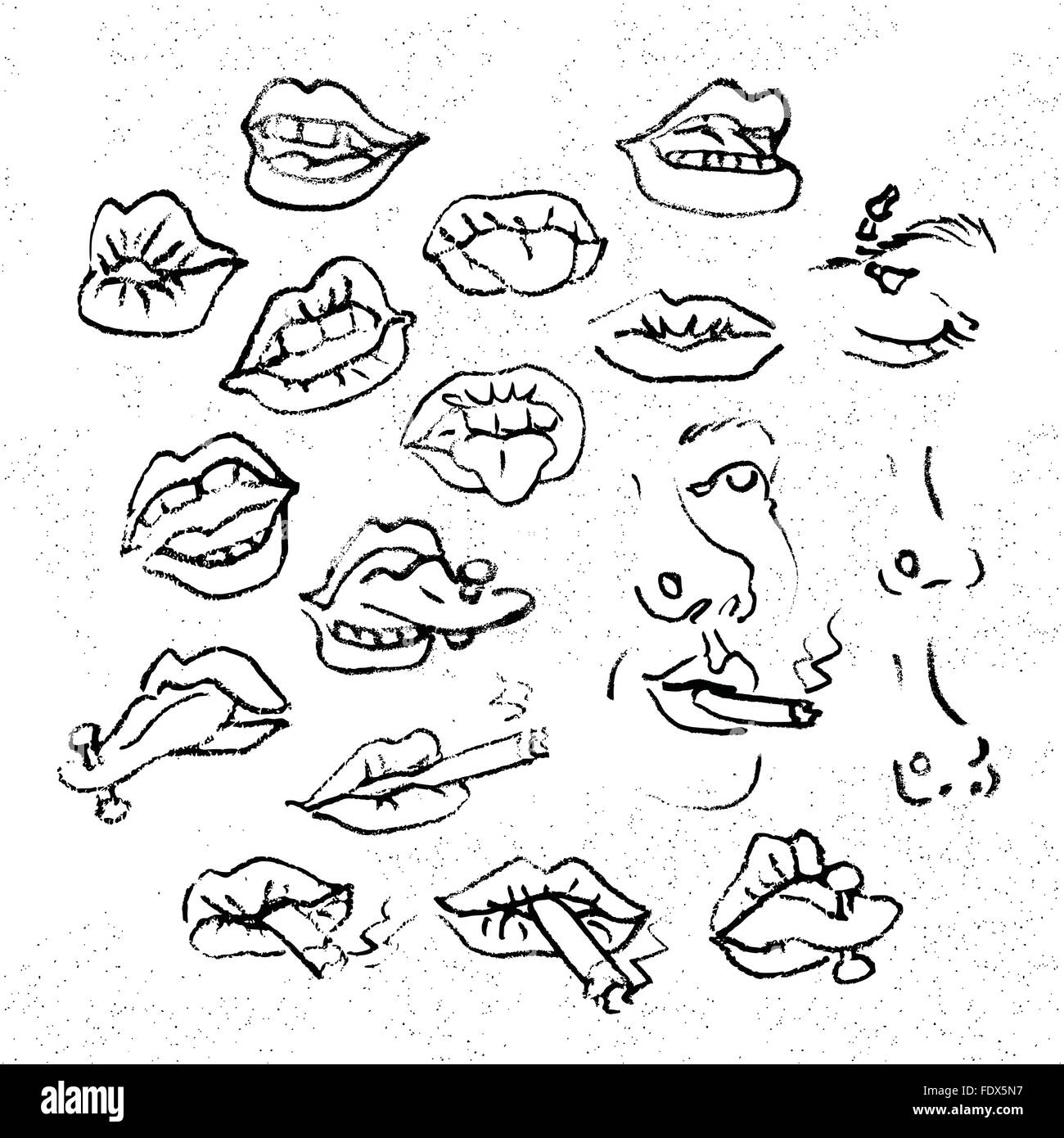 Set di labbra, attraente bocche umane. Cartoon bocca icone. Ogni bocca rappresenta un diverso stile ed emozione. Illustrazione Vettoriale