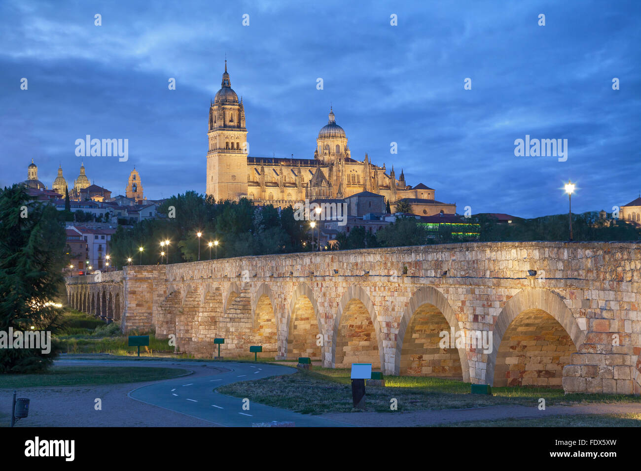 Ponte Romana con la nuova cattedrale in background in serata, Salamanca, Spagna Foto Stock