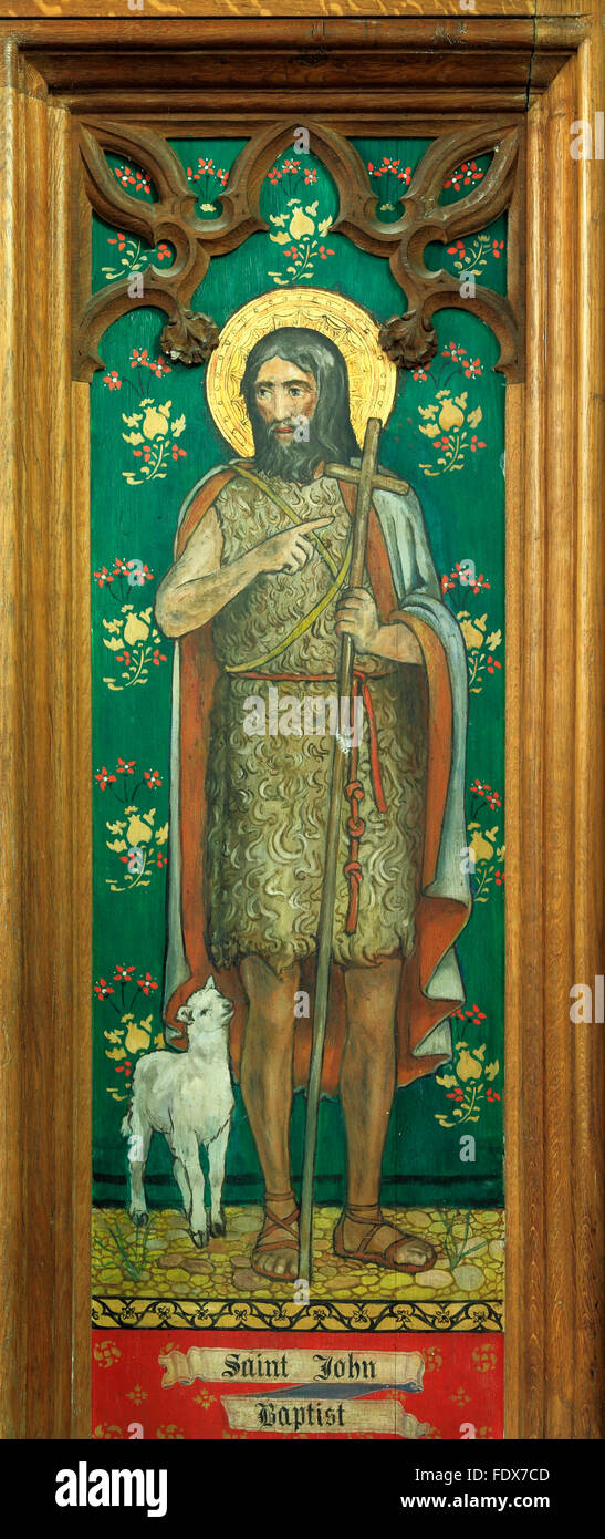 San Giovanni Battista, dipinto su legno, reredos pannello verniciato Santa Cristiana, santi, agnello, Langham, Norfolk, Inghilterra, Regno Unito Foto Stock