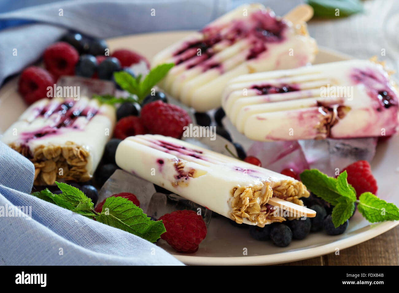 Frozen yogurt popsicles con avena e confettura di mirtilli Foto Stock