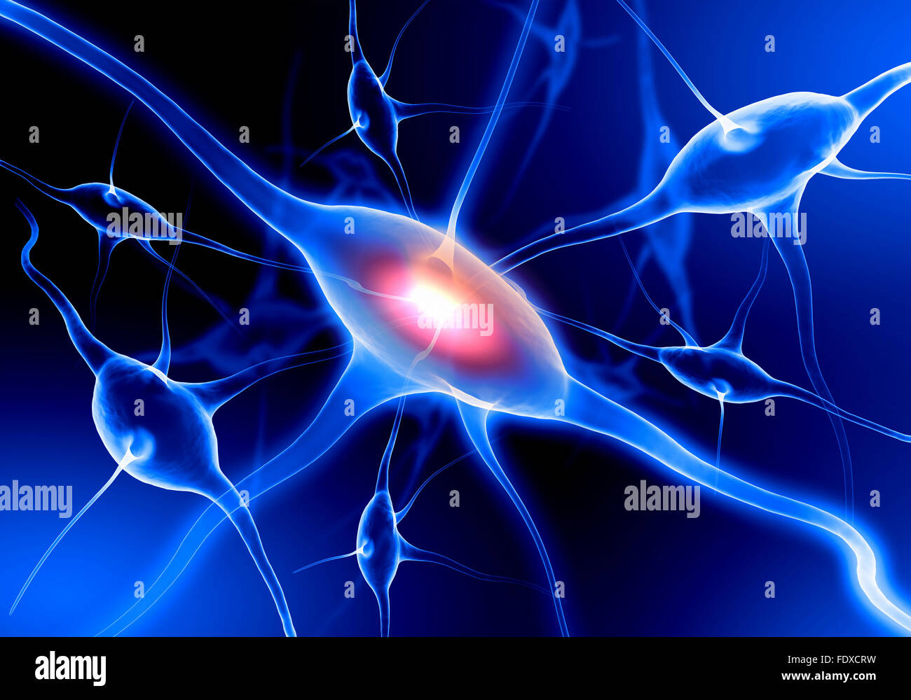 Illustrazione di una cellula nervosa su uno sfondo colorato con effetti di luce Foto Stock