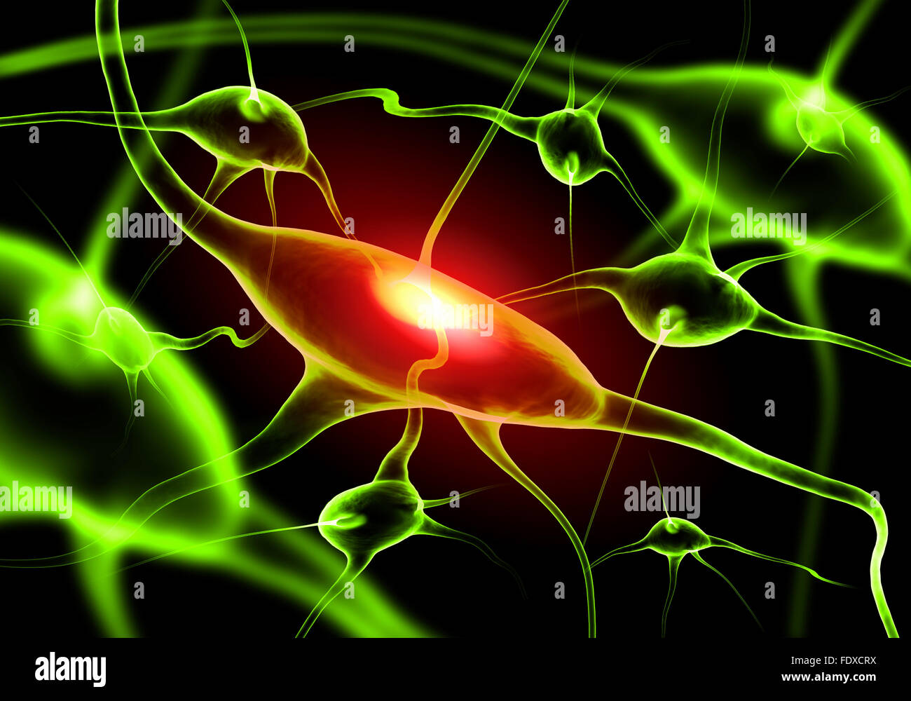 Illustrazione di una cellula nervosa su uno sfondo colorato con effetti di luce Foto Stock