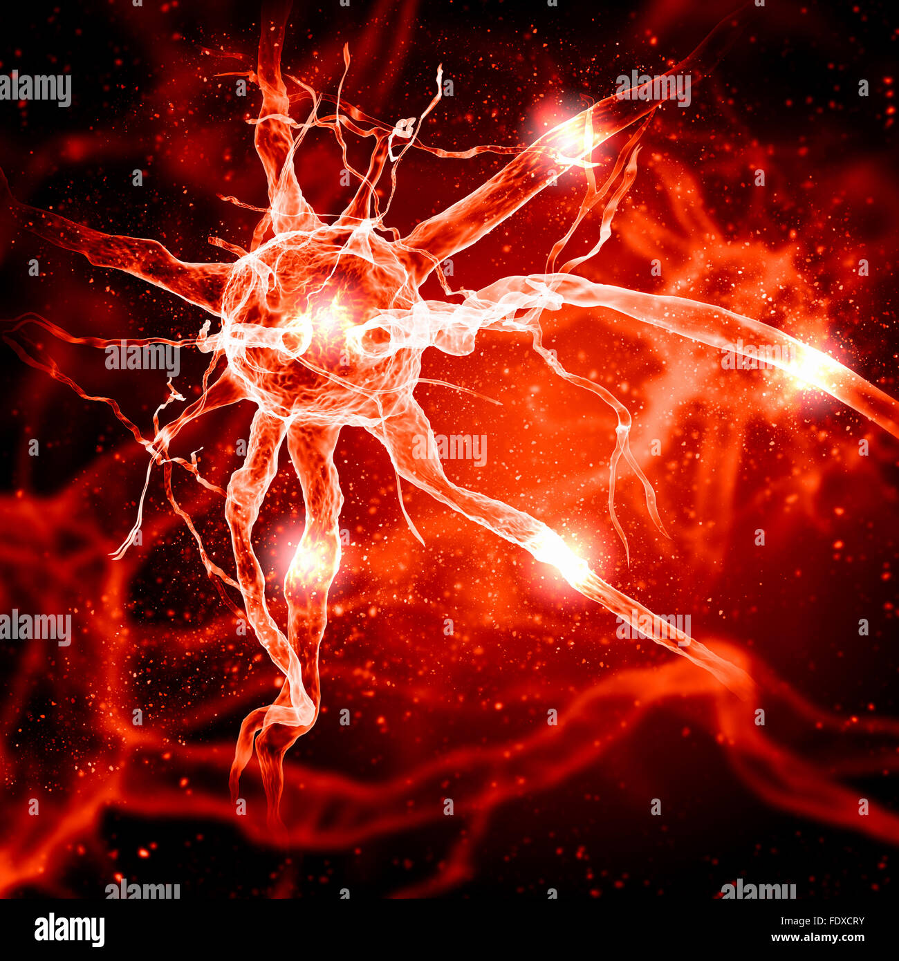 Illustrazione di una cellula nervosa su uno sfondo colorato con effetti di luce Foto Stock